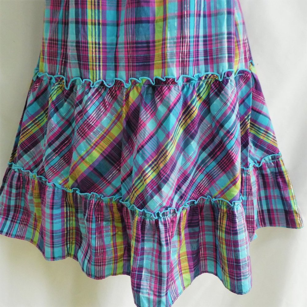 Vintage Girls Dress Plaid Ruffle Lurex Button Back Attached Tie Belt Fit Flare - Picture 4 of 10